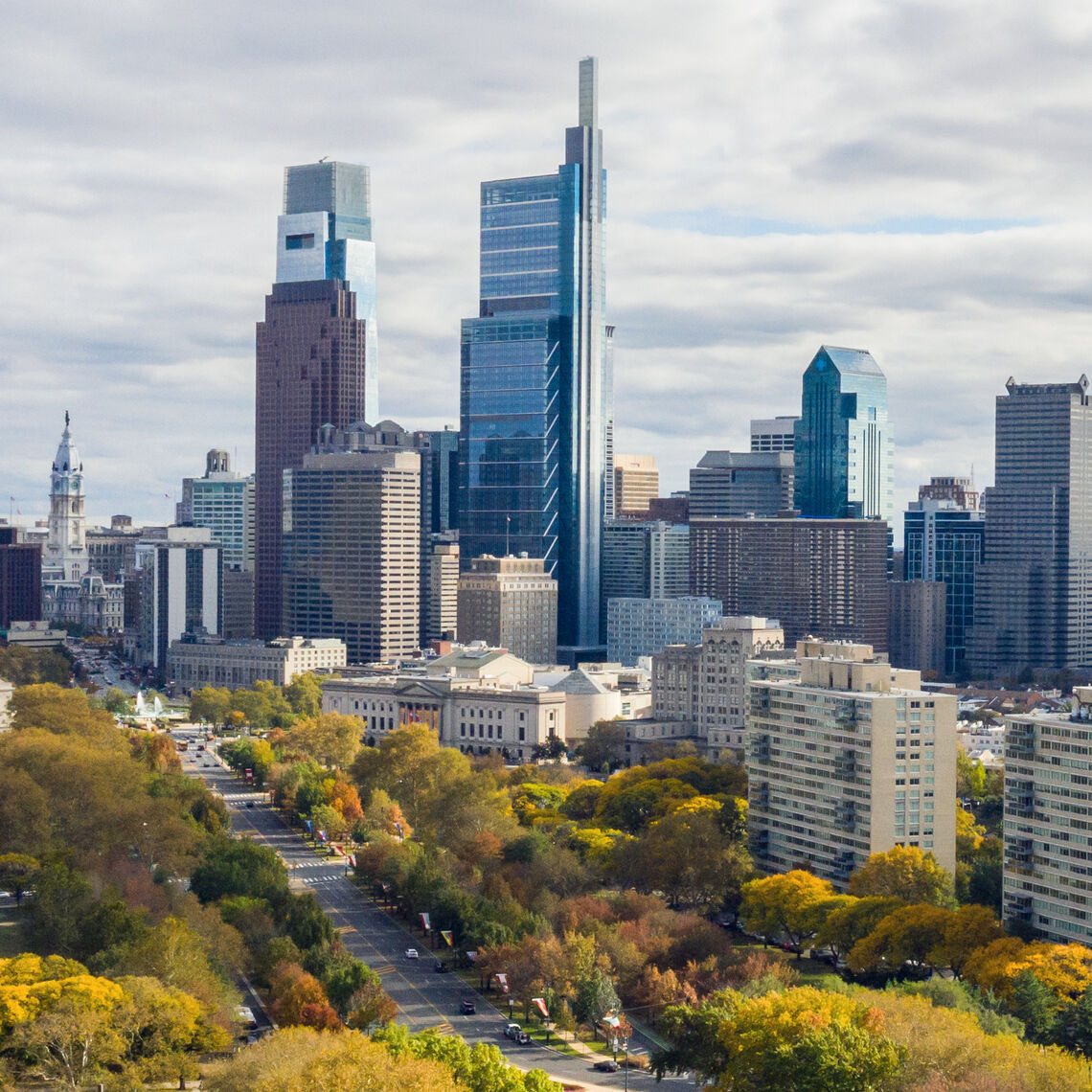 Picture shows a drone view on the Philadelphia Skyline