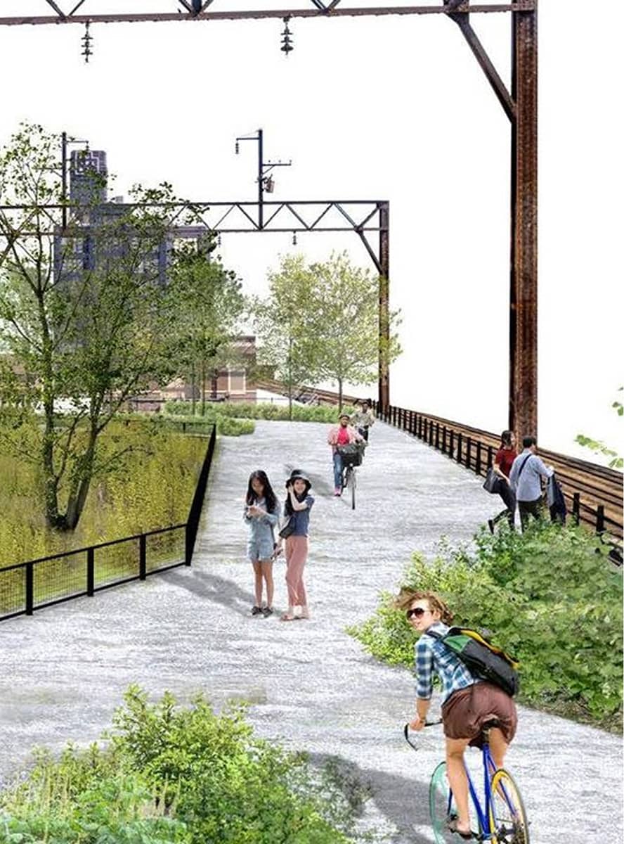 A cyclist and pedestrians enjoy a lush, elevated park with trees and greenery. The path is open and vibrant, conveying a sense of calm and leisure.