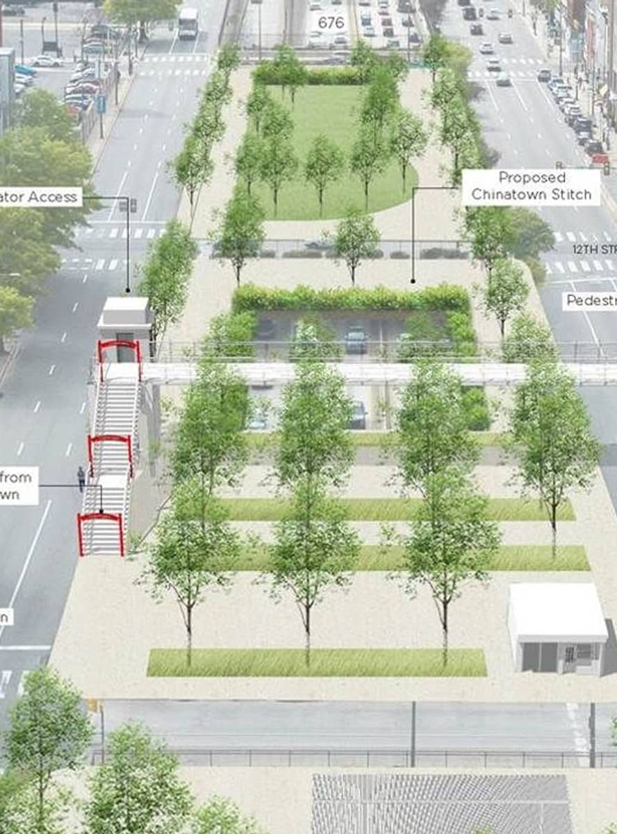 Aerial view of an urban park proposal featuring tree-lined paths, pedestrian areas, and a green lawn surrounded by city streets and buildings.