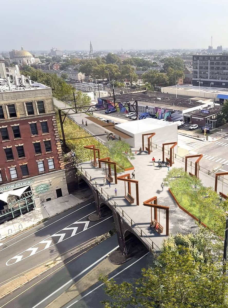 Elevated urban park project with modern design elements, wooden structures, and green spaces. Overlooks city street, blending nature with architecture.