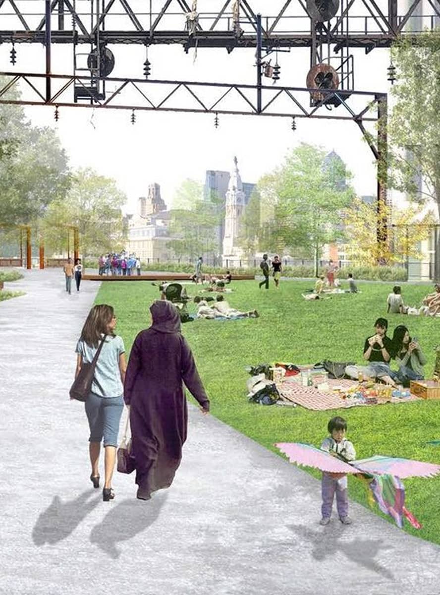 A vibrant park scene with people sitting on grass, enjoying picnics. Two individuals walk along a path, and a child flies a kite. The mood is lively and relaxed.